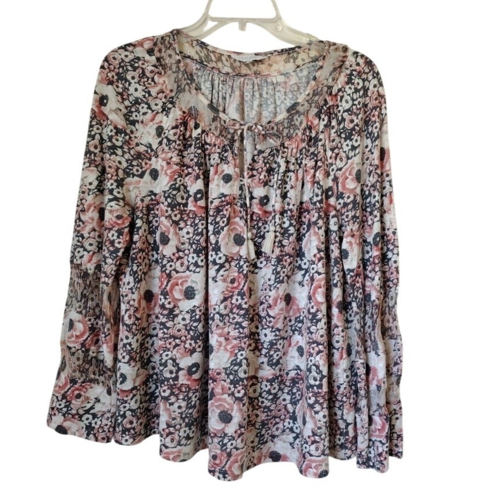 Lucky Brand Blouse Women L Gray Pink Floral‎ Flare Sleeve Boho Peasant Metallic